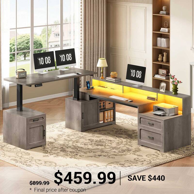SEDETA ® 76.8 Inch L Shaped Electric Standing Desk with 2 Drawers Led Lights Farmhouse Office Desk with Storage Cabinet Powe...