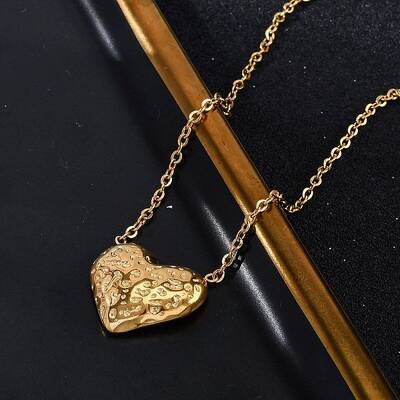 304 Stainless Steel Textured Heart Pendant Cable Chain Necklaces
