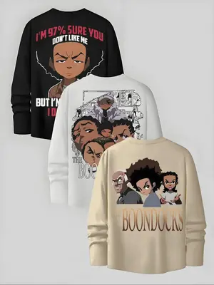 Men's Cartoon & Letter Print Long Sleeve Tee, 3 Counts/set Regular Fit Casual Graphic Round Neck T-shirt for Fall, Men's Top ...