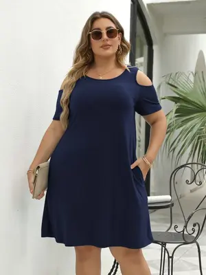 Women's Round Neck Off-Shoulder Elastic Casual Long Dress, Plus Size, Comfortable Fabric, Perfect for Travel & Various Occasi...