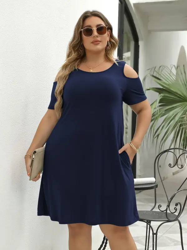 Women's Round Neck Off-Shoulder Elastic Casual Long Dress, Plus Size, Comfortable Fabric, Perfect for Travel & Various Occasi...