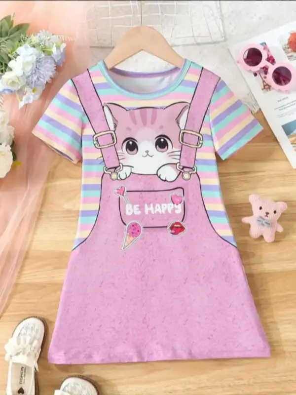 Girl's Cartoon Cat & Striped Print 2 in 1 Tee Dress, Cute Casual Short Sleeve Round Neck Dress for Summer, Kids Clothes for D...