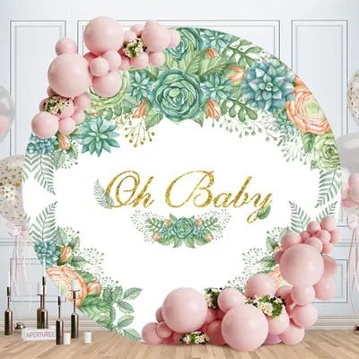 Aperturee Green And Pink Floral Round Baby Shower Backdrop Fir Girl