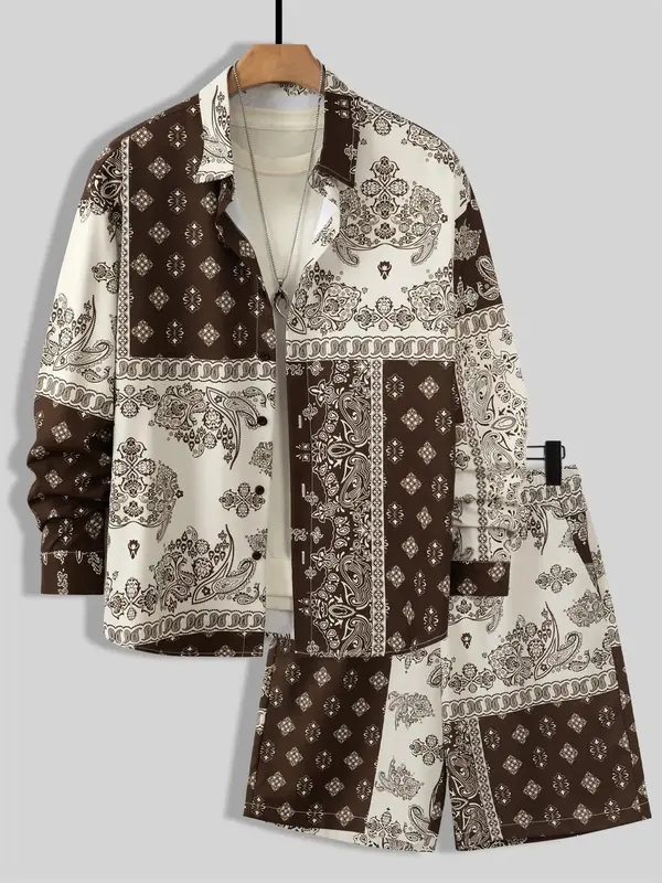 Two-Piece Set Men's Ethnic Pattern Outfits, Boho Button Front Long Sleeve Shirt & Drawstring Shorts, Men Vintage Outfits f...