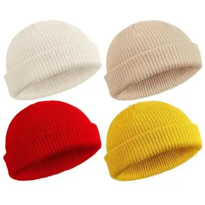 2 or 4 Piece Fisherman Beanie for Men Hat Short Knit Cuff Beaniess Trawler Beanie Watch Hat Roll up Edge Skullcap Unisex