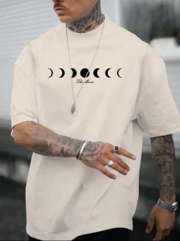 Men's Graphic Round Neck Tee, Summer Clothes Regular Fit Moon & Letter Print Short Sleeve T-shirt for Daily Wear, Streetwear...