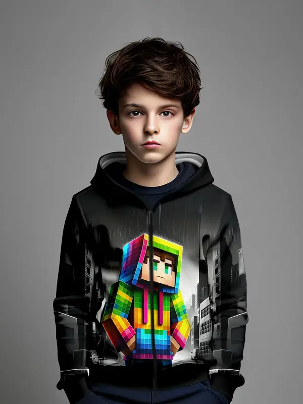 Pixel Character Print Boys' Zipper Hoodie, Casual Daily Wear, Moderate Fabric Thickness, Fitted Style, Fall & Winter Season