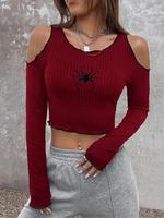 Women's Spider Embroidery Lettuce Trim Cold Shoulder Crop Tee, Y2K Trendy Long Sleeve Cut Out T-shirt for Daily Wear, Ladies ...