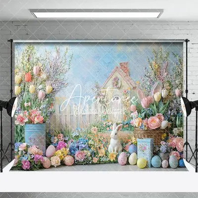 Aperturee Spring Colorful Garden Cabin Fence Easter Backdrop, 3X2FT(1MX0.6M), 14 USD, easter backdrops, ENHD3J61-M