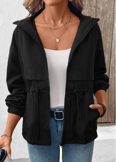 Modlily Black Drawstring Long Sleeve Hooded Coat - XL