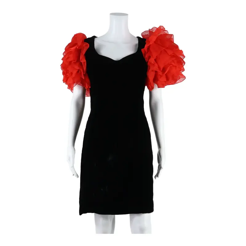 Ruffle Spanish Inspired Womens Pencil Dress Black Velvet Knee Length M