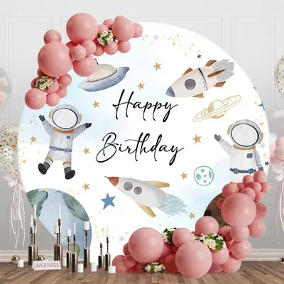 White Blue Astronanut Galaxy Round Birthday Backdrop - Aperturee