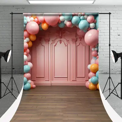 Pink Retro Wall Balloons Sweep Cake Smash Backdrop - Aperturee