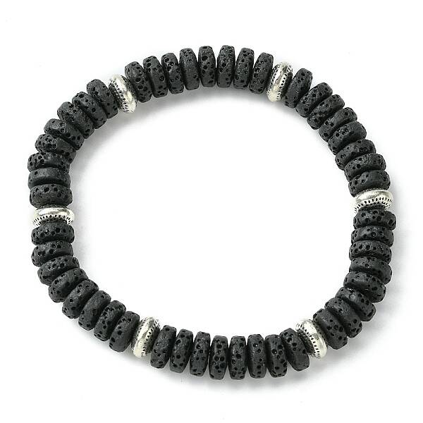 Dyed Natural Lava Rock Flat Round Beaded Stretch Bracelets for Women