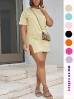 Women's Solid Split Thigh Tee Dress, Casual Round Neck Short Sleeve Tee Shirt Dress, Summer Outfits, Summer Dresses, Dress in...