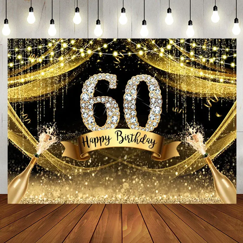 Gold Glitter Diamond Champagne 60th Birthday Backdrop - Aperturee