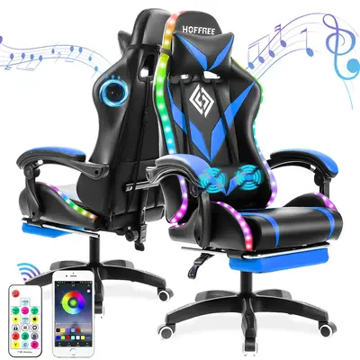 HOFFREE Gaming Chair with Speakers PU Leather Office Chair with Footrest and LED Lights Ergonomic Gamer Chair Headrest Adjust...