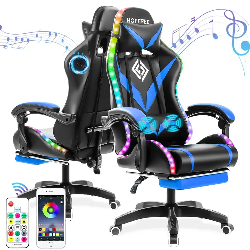 HOFFREE Gaming Chair with Speakers PU Leather Office Chair with Footrest and LED Lights Ergonomic Gamer Chair Headrest Adjust...