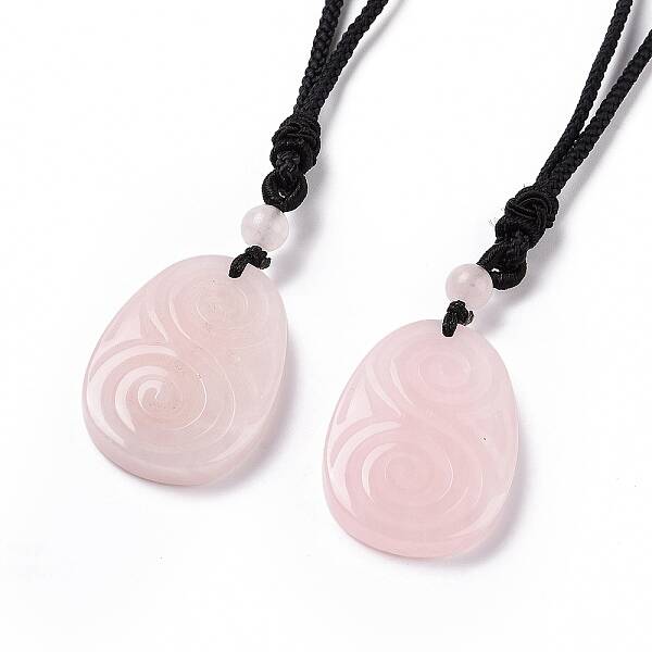 Adjustable Natural Rose Quartz Teardrop with Spiral Pendant Necklace with Nylon Cord for Women