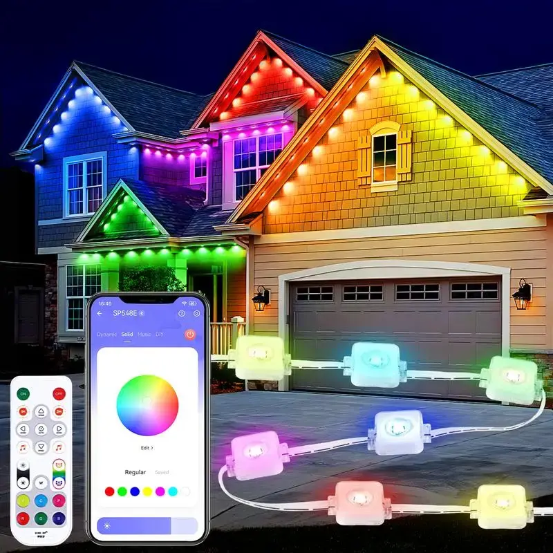 QQK 100FT Permanent DIY Outdoor Light,60LEDS, 1 Count APP/Voice/Remote Controlled RGBIC Smart Eaves Light, IP67 Waterproof, O...