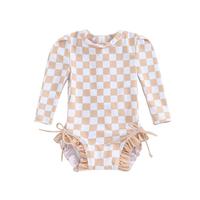 Toddler Baby Girls Checkerboard Print Bikini Beach Swimwear Zipper Swimsuit UPF 50+ Rash Guard Long Sleeve Bathing Suit #spri...