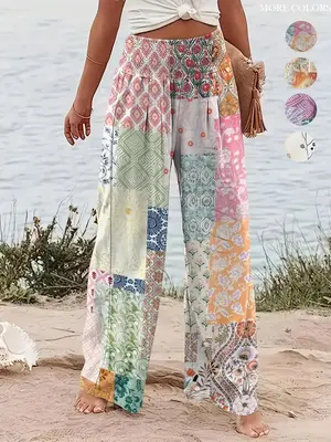 Women's Patchwork Print Elastic Waist Wide Leg Pants, Boho Casual Trousers for Beach Vacation Holiday, Ladies Bottoms for All...