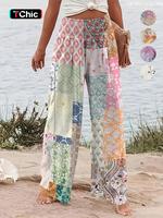 Women's Patchwork / Floral Print Elastic Waist Wide Leg Pants, Bohemian Baggy Boho Casual Trousers for Beach Vacation Holiday...