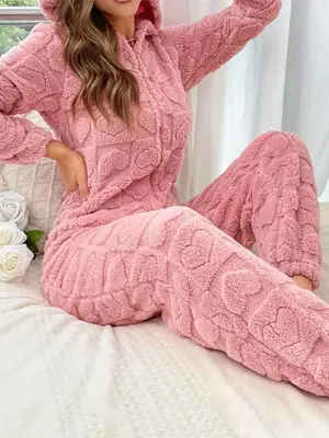 Women's Heart Jacquard Zip Up Hooded Sleep Jumpsuit, Casual Long Sleeve Jumpsuit for Fall & Winter, Women's Sleepwear for Ind...