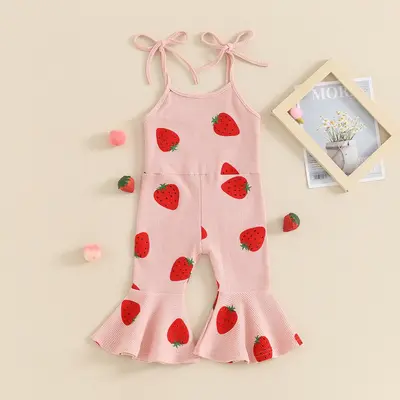 Kid Girls Jumpsuit, Spaghetti Straps Strawberry Print Romper Clothes for Party Casual Floral Flare Jumpsuit Baby Bell Bottom ...