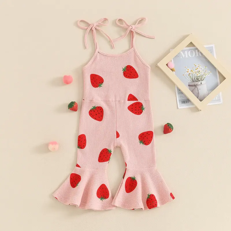 Kid Girls Jumpsuit, Spaghetti Straps Strawberry Print Romper Clothes for Party Casual Floral Flare Jumpsuit Baby Bell Bottom ...
