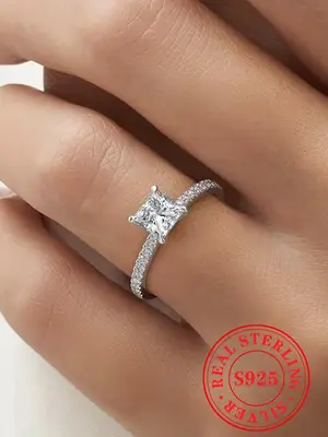 S925 Sterling Silver Square Zirconia Decorated Ring, Fashion Accessories for Women & Men, Trendy All-match & Exquisite Jewelr...