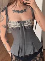 Women's Contrast Lace Bow Decor Tie Shoulder Plicated Cami Top, Y2K Casual Sleeveless Spaghetti Strap Top for Spring & Fall, ...