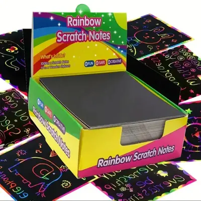 Magic Scratch Paper, 100pcs/box Funny Creative Rainbow Scratch Paper with 2 Counts Wooden Styluses, DIY Party Supplies for Bi...