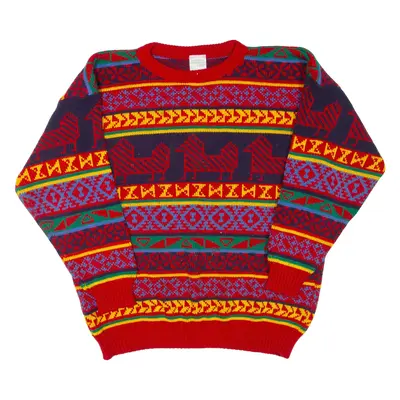Boys Patterned Jumper Red Fair Isle 90s Tight Knit 11-12Y