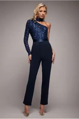 Goddiva One Shoulder Sequin Romper - Navy