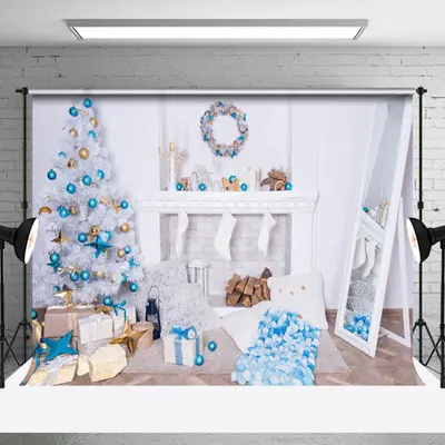 Aperturee Blue Wreath White Fireplace Wall Christmas Backdrop