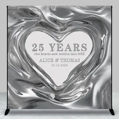 Molten Silver Heart Custom Name Anniversary Backdrop - Aperturee