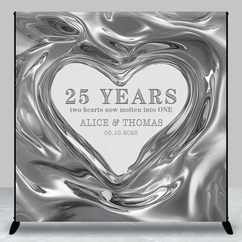 Molten Silver Heart Custom Name Anniversary Backdrop - Aperturee