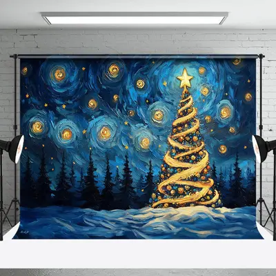 Abstract Stars Blue Sky Xmas Tree Christmas Backdrop - Aperturee