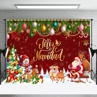 Aperturee Snow Winter Santa Claus Trees Feliz Navidad Backdrop - Aperturee