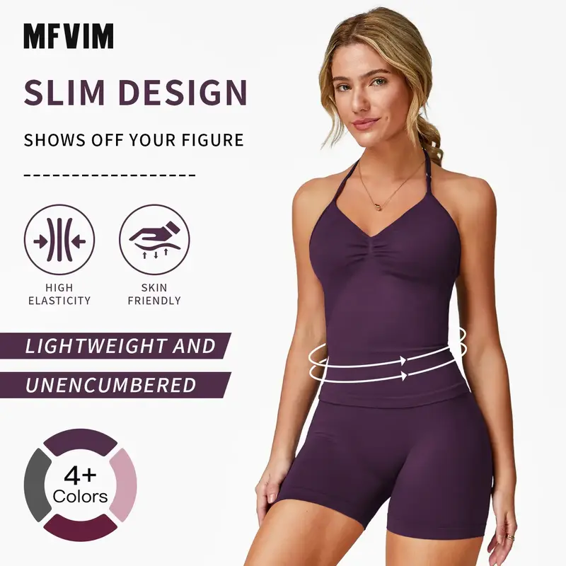 Women's Solid Color Crop Cami Top & High Waist Skinny Shorts Sportswear Set, High Stretch Casual Comfortable Breathable Backl...