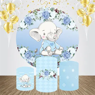 Blue Floral Elephant Round Baby Shower Backdrop Kit - Aperturee