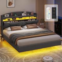 KD-Hot Selling,Floating Bed Frame with Power Outlet, Headboard with Storage Cubby, RGB Floating Platform Bed, No Box Spring N...