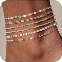 Tewiky Dainty Ankle Bracelets For Women Waterproof Anklets Layered Cuban Chain Herringbone Blocks Anklets Set Summer Beach Je...