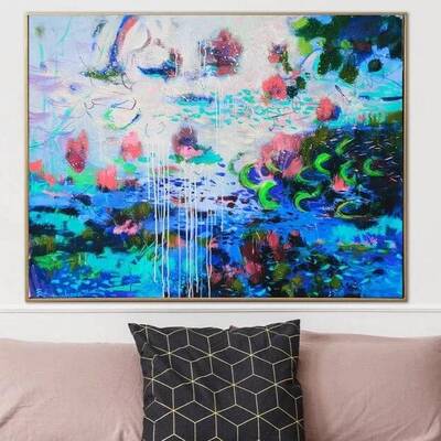 Large Original Blue Paintings On Canvas Modern Colorful Oil Painting Expressionism Art Textured Painting | MORNING LAKE