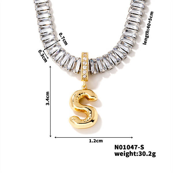 Golden Tone Brass Pave Clear Cubic Zirconia Letter Pendant Necklaces for Women