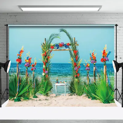 Palm Leaves Arch Sandy Beach Summer Photo Backdrop - Aperturee