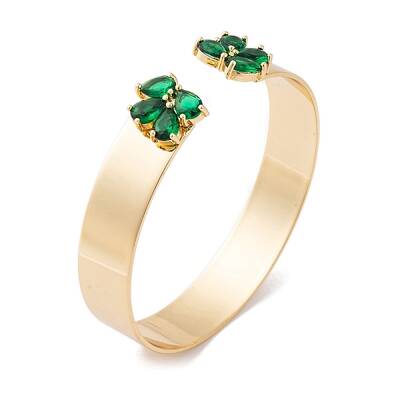 Brass Pave Green Glass Open Cuff Bangles for Women