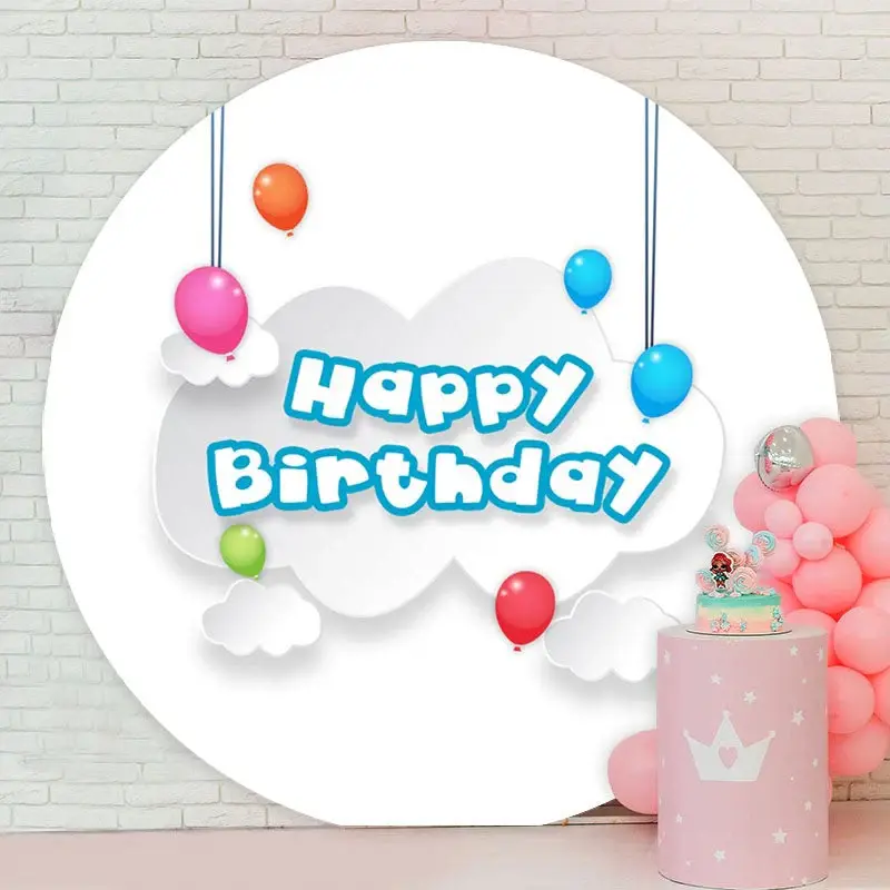 Aperturee White Cloud And Ballons Round Birthday Backdrop