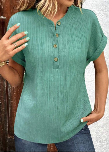 Modlily Green Button Short Sleeve V Neck T Shirt - M